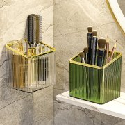 轻奢竖纹斜口厨房收纳筒 卫浴卡扣壁挂收纳盒--墨绿金